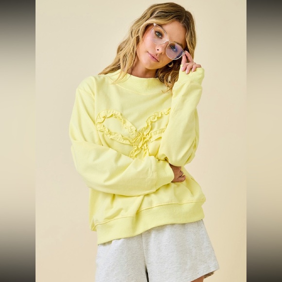 Day + Moon Oversized Mock Neck  W/ Ruffle Trim Bow Sweatshirt - Picture 4 of 10